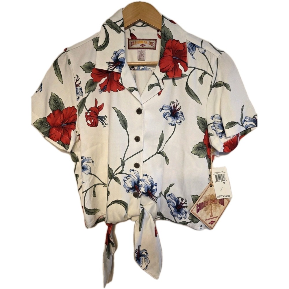 NWT-Caribbean Joe Women's Shirt Hawaiian Size Small Cropped Shirt